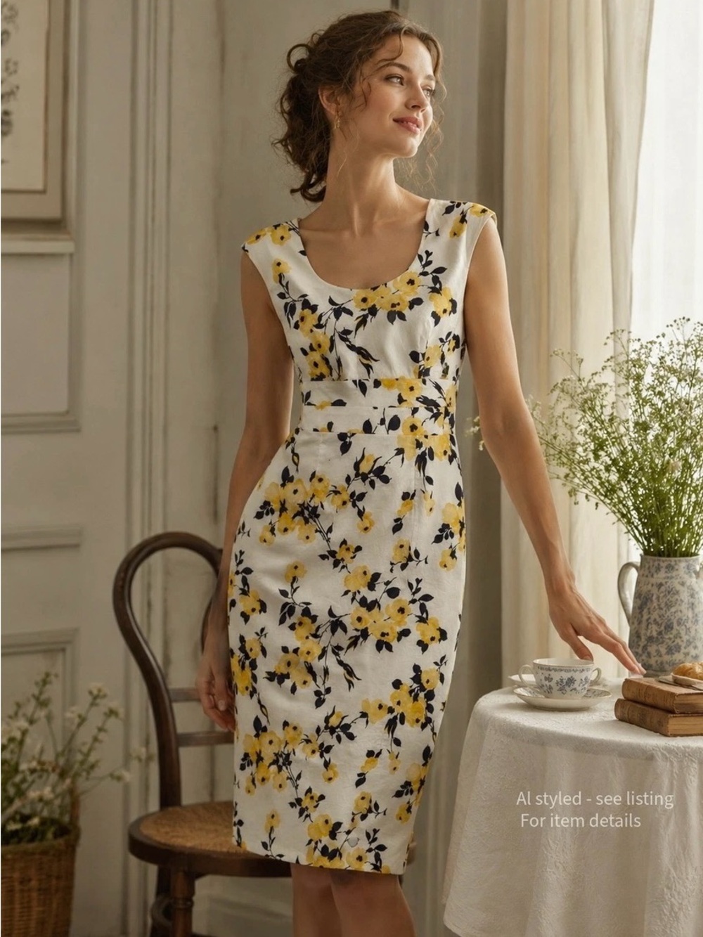 J.Peterman Yellow Navy Floral Sleeveless Sheath Dress Church Wedding guest 12